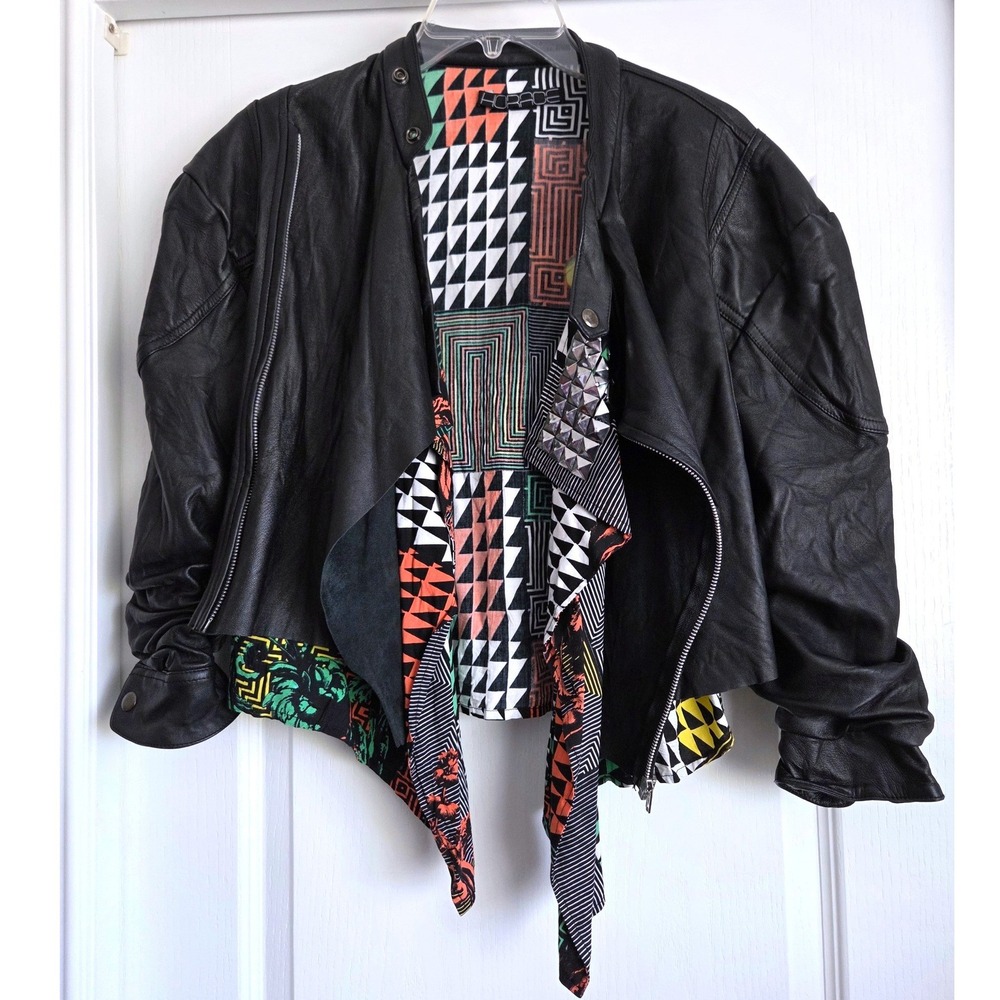 VTG Horace Black Leather Geometric Studs Tribal Lining Crop Punk Goth Sz L